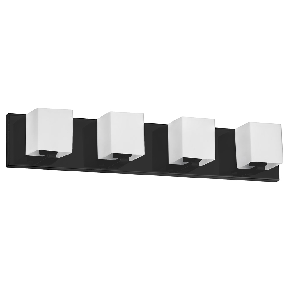 4 Light Halogen Vanity, Matte Black with White Glass