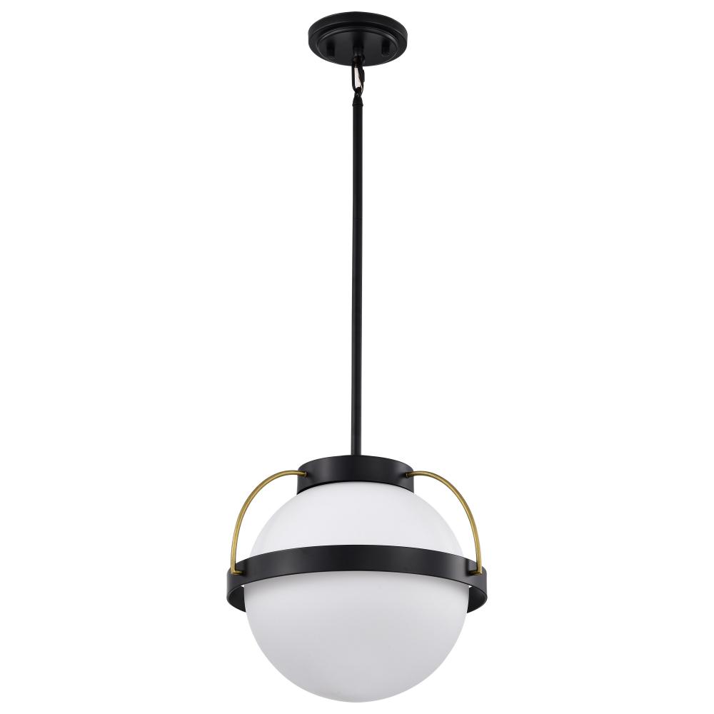 Lakeshore 1 Light Large Pendant; Matte Black & Natural Brass Finish; White Opal Glass